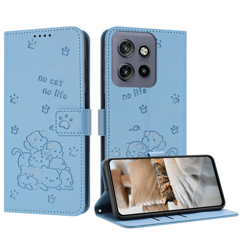 Moto G 2025 Embossed Kitten Phone Leather Case with Lanyard - Blue